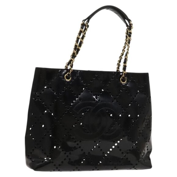 CHANEL COCO Mark Chain Tote Bag Patent leather Black Gold CC - Picture 1 of 16
